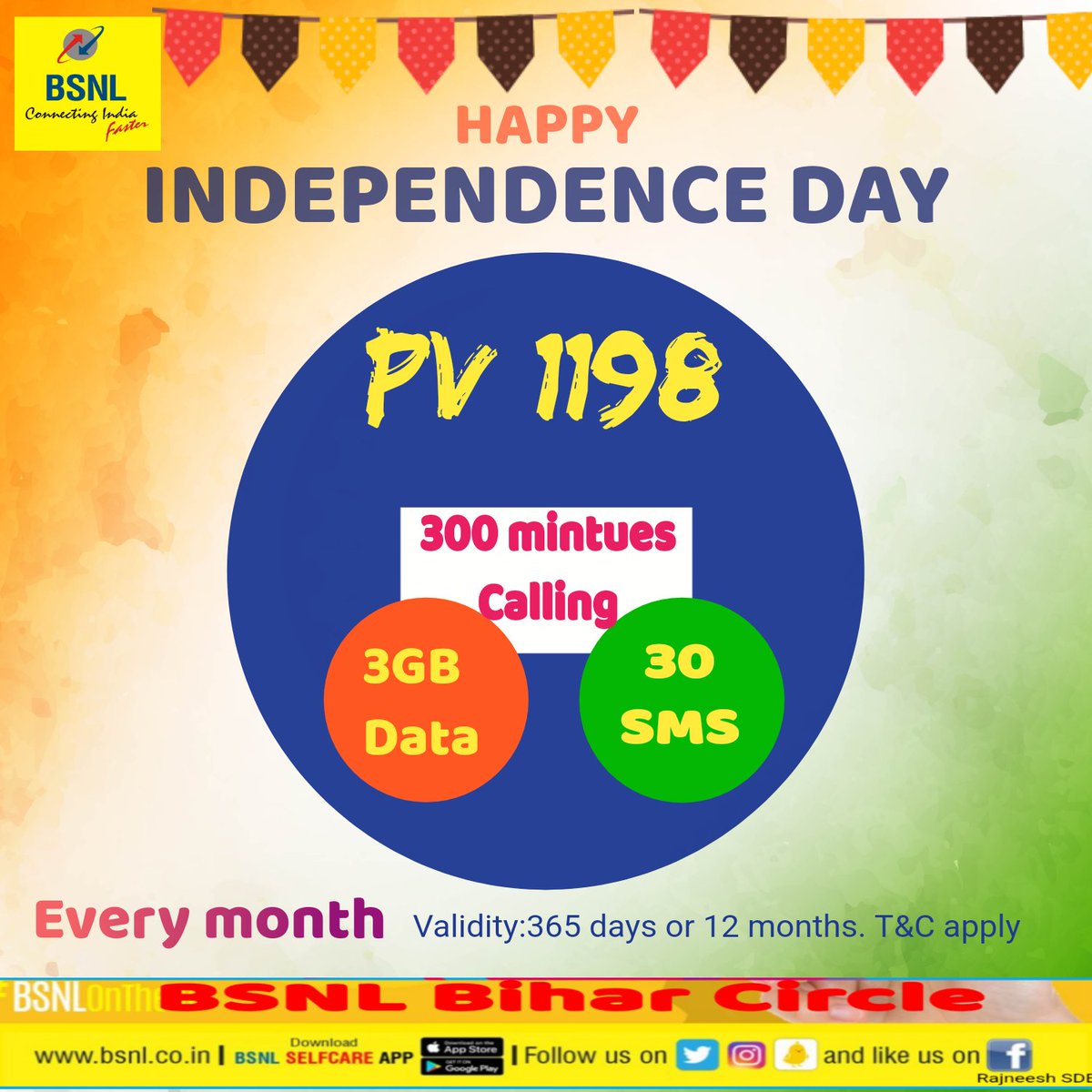 BSNL_BIHAR's tweet image. Celebrate #IndependenceDay  with #BSNL offers!
3GB data, 300 minutes calling and 30 SMS per month for 12 months.
#azadiOffer #PV1198