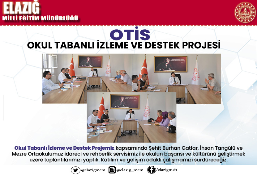 Okul Tabanlı İzleme ve Destek Projesi (OTİS) kapsamında İl Müdürümüz Mehmet YİĞİT ortaokul müdürlerimiz ve rehber öğretmenlerimizle birlikte okul başarısı ve kültürünü geliştirmeye yönelik toplantılarını sürdürüyor. <a href="/tcmeb/">Millî Eğitim Bakanlığı</a> <a href="/Yusuf__Tekin/">Yusuf Tekin</a> <a href="/omertoraman25/">Ömer Toraman, Doç. Dr.</a> <a href="/mehmetyigitmem/">Mehmet YİĞİT</a>