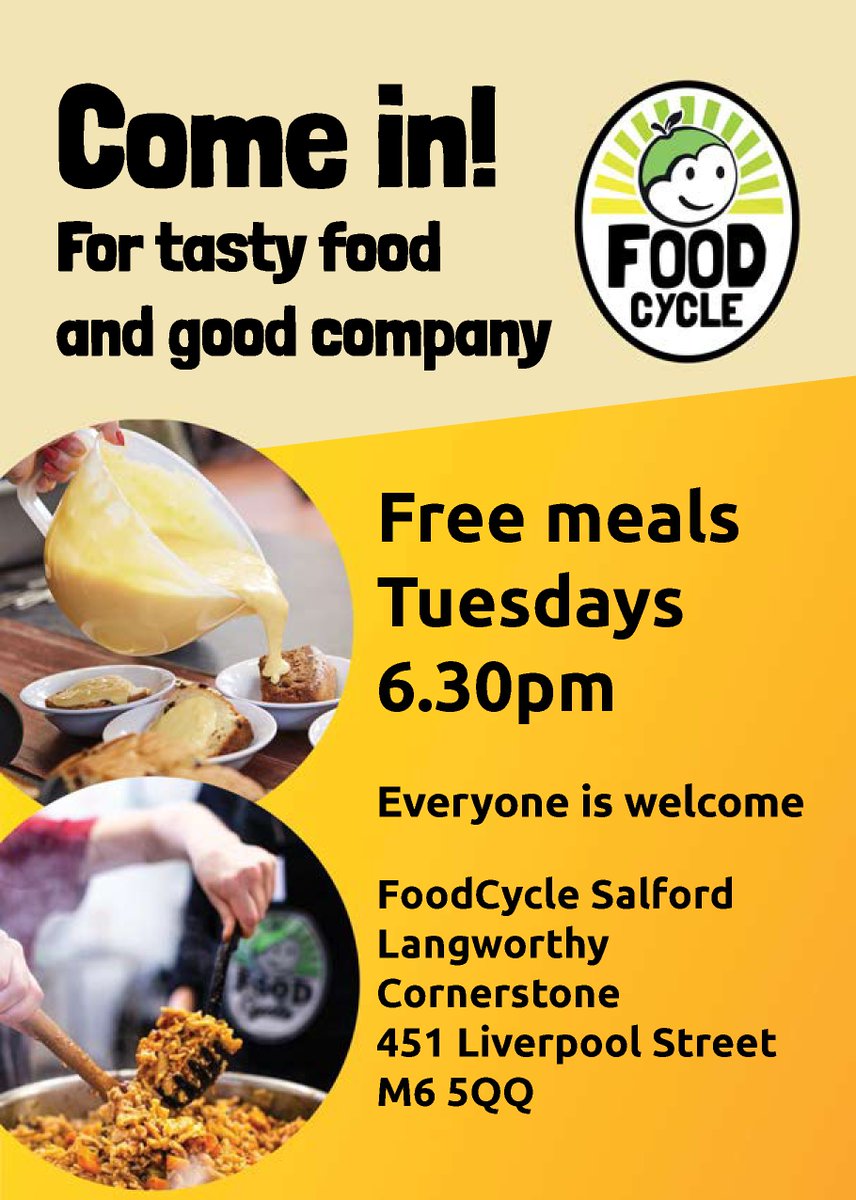 Every Tuesday @foodcycle serve up delicious FREE veggie meals🍲

The project repurposes surplus food making a positive impact on our environment & our communities

No need to book, just turn up

Tues 6.30pm

0161 213 1920
reception@langworthycornerstone.co.uk

#fightingfoodwaste