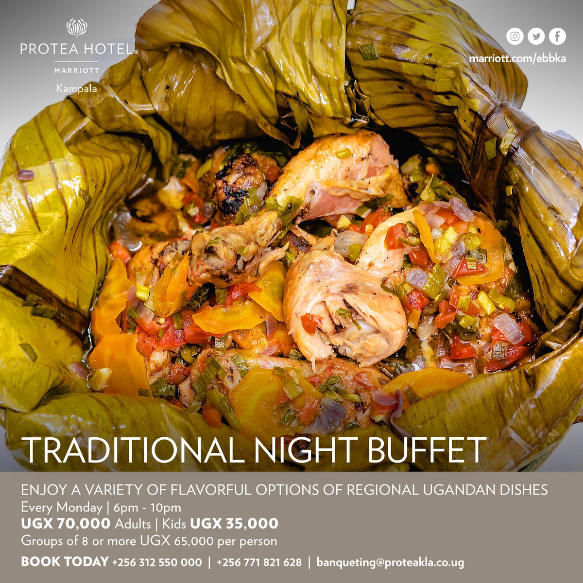 ProteaKampalaH's tweet photo. Did you know that Luwombo was enjoyed by only Kings and Princes in Precolonial Buganda?
Join us at #ProteaKampala for #TraditionalNightBuffet to enjoy this delicate meal Today!
Reserve a table at 0312550000
#MondayGoodness #TraditionalFood https://t.co/0nkbh8huvX