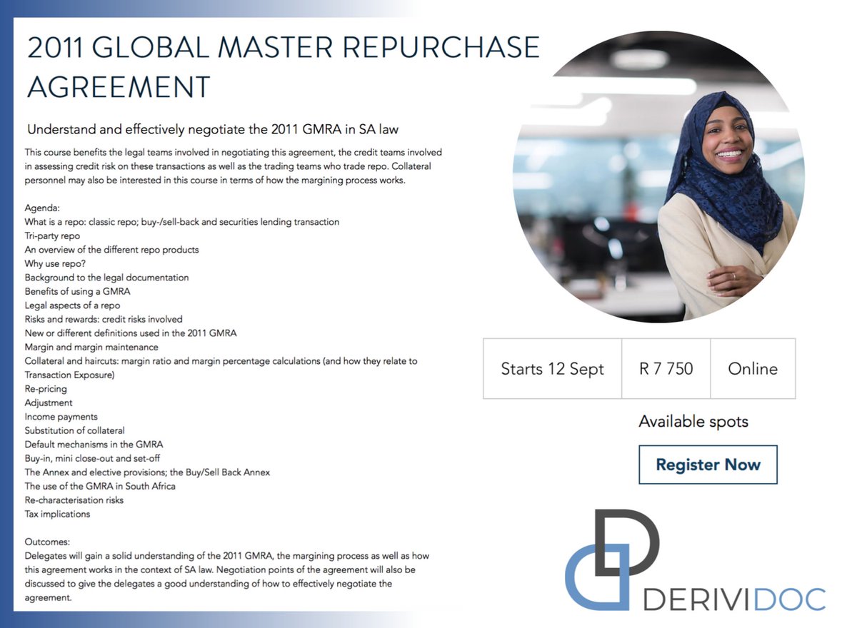 derividoc's tweet photo. Are you involved in repos from a legal, credit or business perspective? We unpack the 2011 GMRA to ensure you have a clear &amp; solid understanding of repo transactions done under this contract. #onlinetraining 

12, 13 &amp; 14 September | 9-11am online daily

https://t.co/NtwAZOmYi1 https://t.co/ApjCtDdsYC