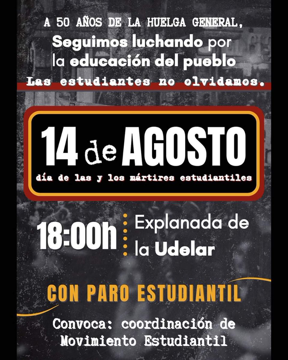 14 de agosto: Día de las y los mártires estudiantiles. No olvidamos ni perdonamos. Seguimos luchando por la educación del pueblo. 
Marcha 18 hs desde Exp. UdelaR
con paro estudiantil