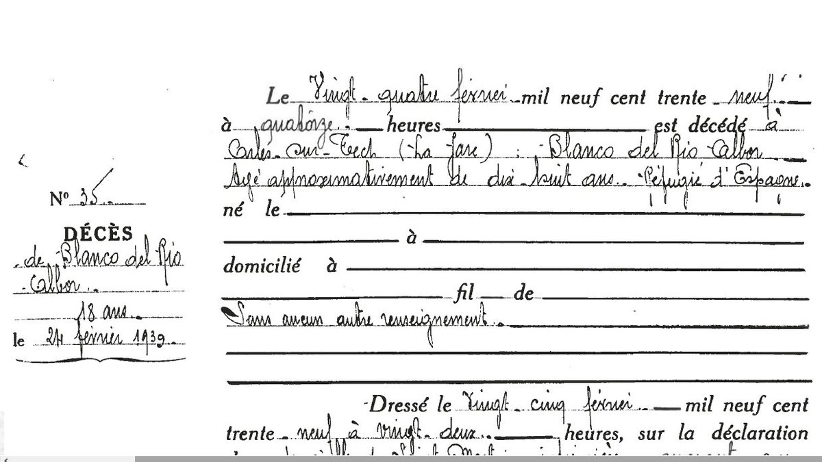 nriudor's tweet photo. Albor Blanco del Rio tenia uns 18 anys quan va morir a La Gare d' #ArlesSurTech el 24/02/1939. Dos mesos després, el seu cunyat Joan Piquer del Rio, des del Camp de #SaintCyprien, encara cercava notícies d'ell.
No sabem si mai van conèixer la dissort del noi.
#RecercaExili https://t.co/u4U8H1Wtd5