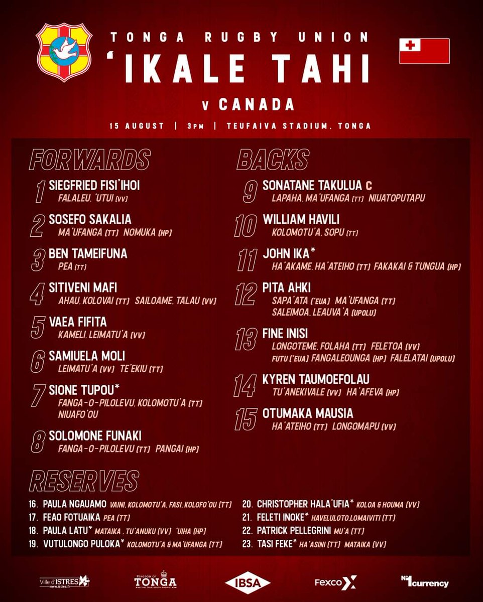 RugbyTON_'s tweet image. Here is the Ikale Tahi team to face @RugbyCanada today in Tonga. A proud moment for Sigfried Fisi'ihoi when her mother presented his jersey. So as Vaea Fifita's father. There are 6 local debutants. Due to low turn out last week, the grass seating is free &amp;amp; the g/stand is TOP$20.
