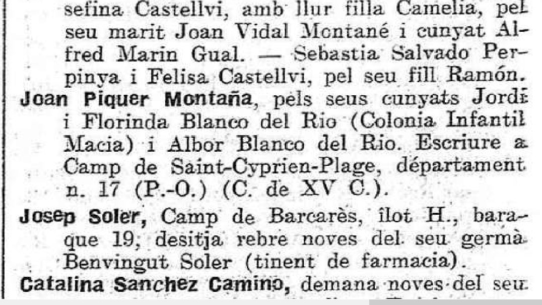 nriudor's tweet photo. Albor Blanco del Rio tenia uns 18 anys quan va morir a La Gare d' #ArlesSurTech el 24/02/1939. Dos mesos després, el seu cunyat Joan Piquer del Rio, des del Camp de #SaintCyprien, encara cercava notícies d'ell.
No sabem si mai van conèixer la dissort del noi.
#RecercaExili https://t.co/u4U8H1Wtd5