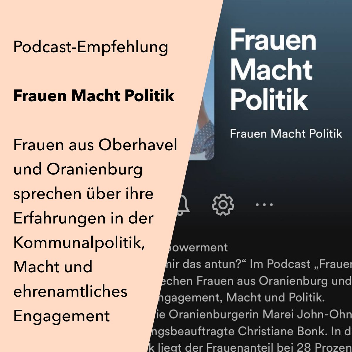Empfehlung: in dem Podcast "Frauen Macht Politik" teilen Frauen aus Oberhavel ihre Eindrücke aus ihrem ehrenamtlichen Engagement in der Kommunalpolitik, sprechen über den Umgang mit Macht und inspirieren zum Mitmachen 💪
Link zur Show: open.spotify.com/show/3o7GDVF5W…...