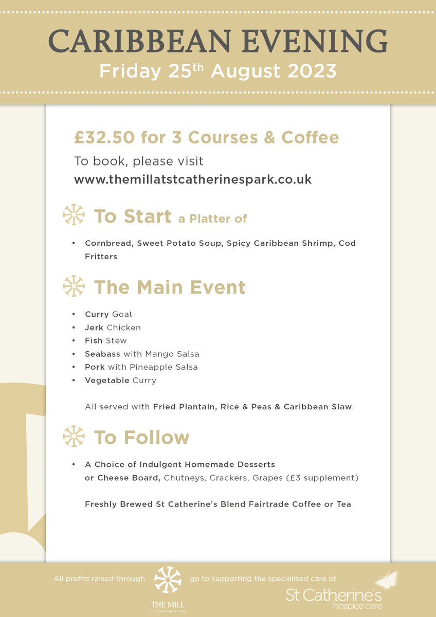 Our Caribbean Evening is just a couple of weeks away and we have just a couple of tables left - you can book online to snap them up now
themillatstcatherinespark.co.uk