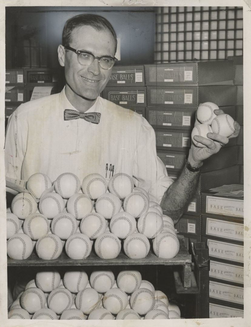 It's time for Monday Night Baseball! 

Generations of ballplayers around the country used softballs &amp; baseballs made in Albany. In this 1961 photo Fred deBeer, Jr., grandson of the founder of DeBeer &amp; Sons Baseball Manu. shows off baseballs made at 66 Orange St., Albany.