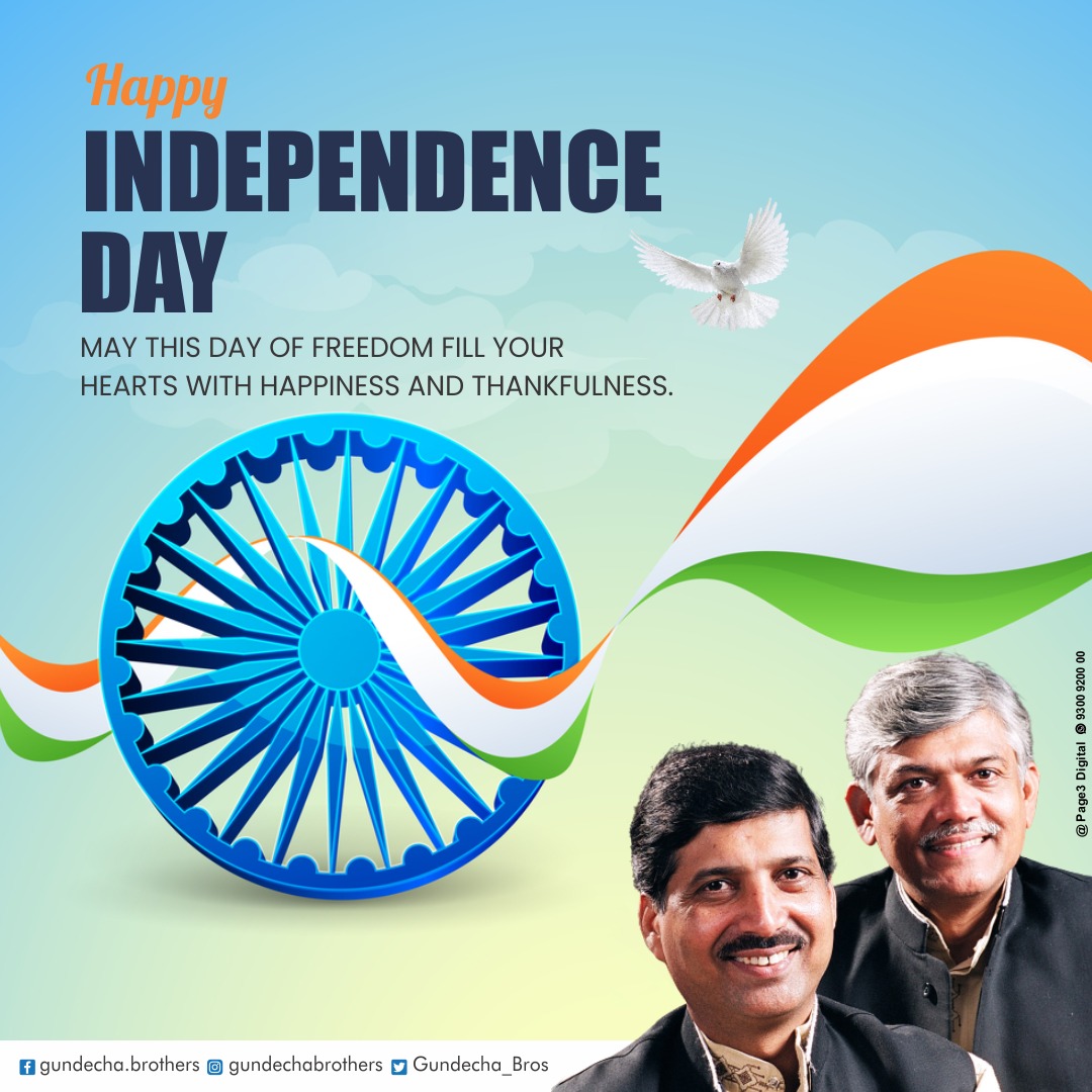 Gundecha_Bros's tweet photo. MAY THIS DAY OF FREEDOM FILL YOUR
HEARTS WITH HAPPINESS AND THANKFULNESS.

#independenceday #india #freedom #august  #love #happy #happyindependenceday #independence https://t.co/BxSfggyFtp
