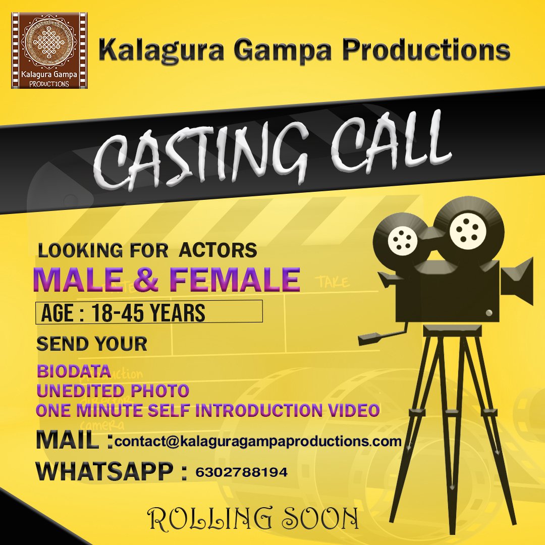 CallingCNC's tweet photo. Call for actors 📣

If you're a right fit please send in the required photos and videos. 

Email:- contact@kalaguragampaproductions.com
WhatsApp:- 6302788194

#casting #castingcall #actor #cinema #announcements https://t.co/j63JsBvCbf