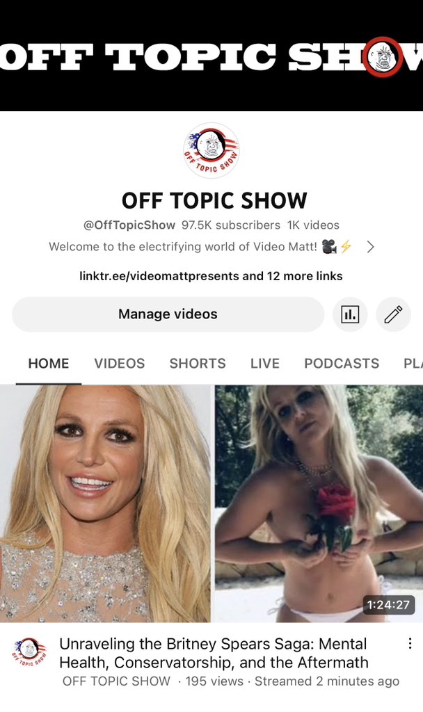 OffTopicShow2's tweet photo. Unraveling the Britney Spears Saga: Mental Health, Conservatorship, and the Aftermath https://t.co/AyNXfB8LtY #BritneySpears #MentalHealthAwareness #offtopicshow #videomattpresents #mentalhealth #BritneySpearsDance #britneyspear #livenow https://t.co/SsjDw5zGJA