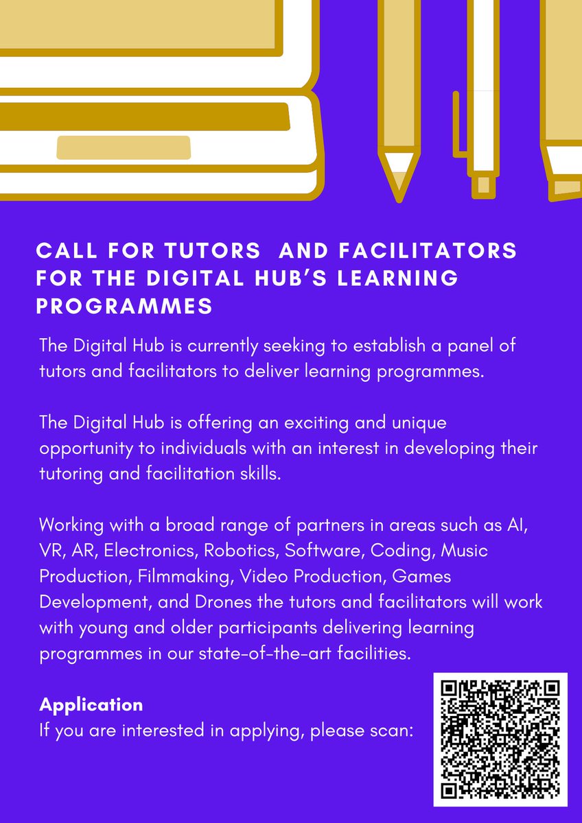 TheDigitalHub's tweet photo. The Digital Hub is currently seeking to establish a panel of #tutors and #facilitators to deliver #learning #programmes with our suite of partners over the next two years. Apply now: https://t.co/f05NzYv3Qb #dublin8 #AI #VR #AR #Electronics #Drones https://t.co/RkH5C1CFPL