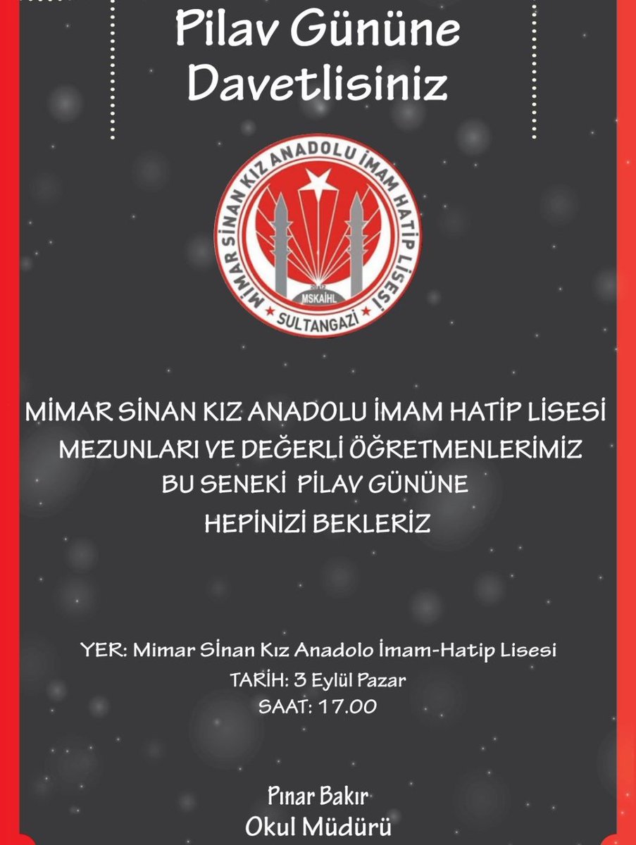 Kıymetli mezunlarımız ve değerli öğretmenlerimiz. 3 Eylül Pazar günü yapılacak Pilav Günü etkinliğimize sizleri bekliyoruz. 
<a href="/avadursun/">Abdurrahman Dursun</a> 
<a href="/necatitekbas/">Necati TEKBAŞ</a> 
<a href="/sultangazimem1/">Sultangazi İlçe Millî Eğitim Müdürlüğü</a> 
<a href="/istanbulilmem/">İstanbul İl Millî Eğitim Müdürlüğü</a> 
<a href="/BAKIRPINAR/">Pınar</a>