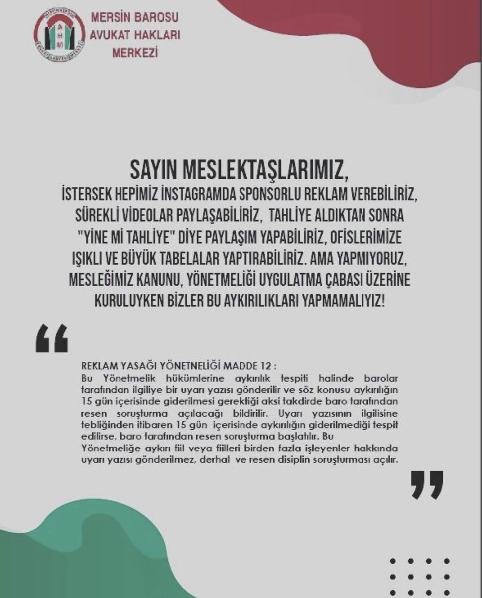 Mersin Barosu (<a href="/MersinBarosu/">Mersin Barosu</a>) Avukat Hakları Merkezi tarafından reklam yasağına aykırı faaliyetlere dikkat çekmek adına avukatlarca takdir edilen dikkat çekici bir sosyal medya çalışması başlatıldı.
