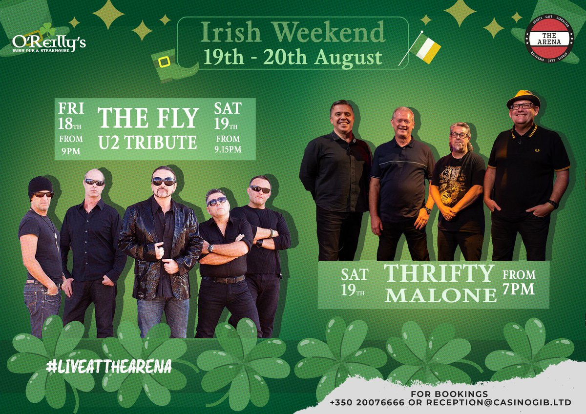 We have a busy weekend of gigs ahead.  

Friday 18th - Lord Nelson Bar, Casemates Square from 9.30pm.  

Saturday 19th - The Arena with U2 Tribute, The Fly from 7pm.  

Hope to see you there x #supportlocalmusicvenues #supportlocalmusicians #gibraltar #weekendvibes #u2tributeband