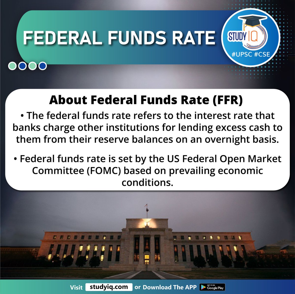 upsciq's tweet photo. Federal Funds Rate

#federalfundsrate #whyinnews #federalopenmarketcommittee #ffr #federalfunds #interestrate #bankscharge #reservebalances #usfederalopenmarketcommittee #fomc #upsc #cse #ips #ias https://t.co/RjACR0ORaO