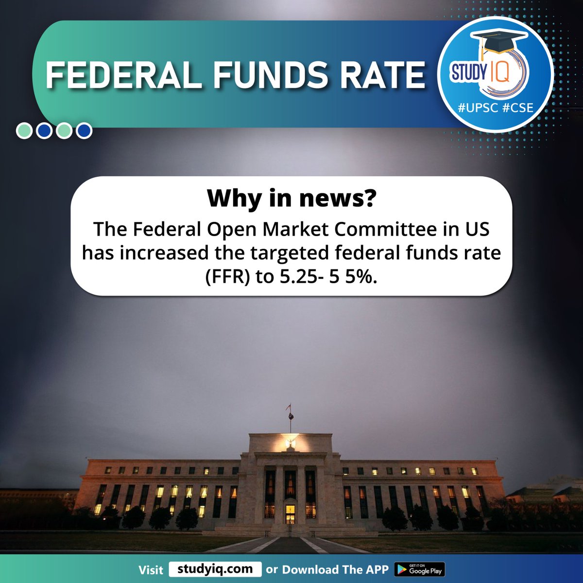 upsciq's tweet photo. Federal Funds Rate

#federalfundsrate #whyinnews #federalopenmarketcommittee #ffr #federalfunds #interestrate #bankscharge #reservebalances #usfederalopenmarketcommittee #fomc #upsc #cse #ips #ias https://t.co/RjACR0ORaO