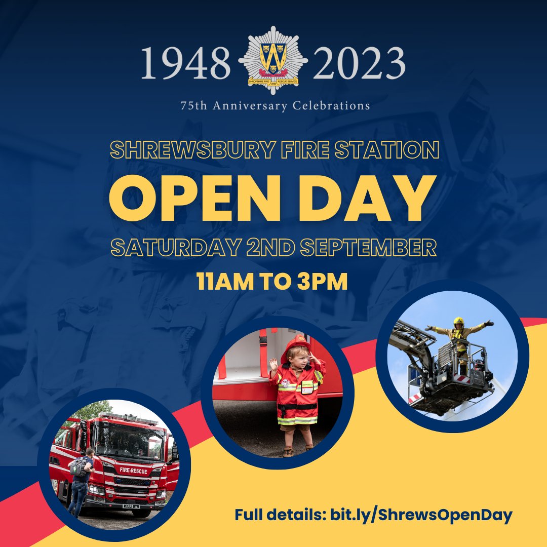 Join us in celebrating 75 years of Shropshire Fire and Rescue Service at Shrewsbury Fire Station's Open Day! 🎈🚒🚨

With demonstrations, emergency vehicles, refreshments and games there is plenty for all the family to enjoy.

For full details:
🌐 bit.ly/ShrewsOpenDay