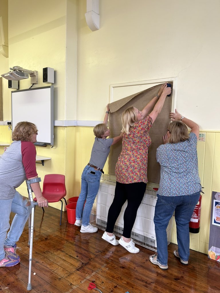 CpWelburn's tweet photo. Hessian day! 
How many teachers does it take to put up a piece of hessian? https://t.co/B2xy9GRo5I