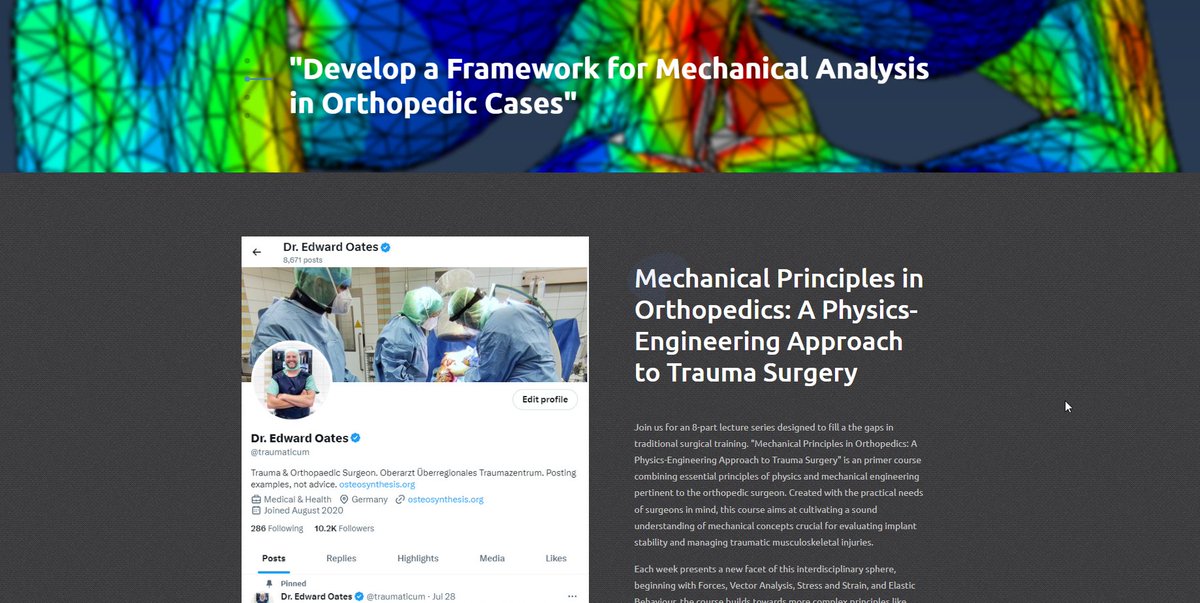 Finally pulled my finger out and made a website for the course. Slightly more comprehensive than hard-to-follow tweets...

osteosynthesis.org/professional-d…

'Mechanical Principles in Orthopedics: A Physics-Engineering Approach to Trauma Surgery'

#orthotwitter #orthopaedics #orthopedics