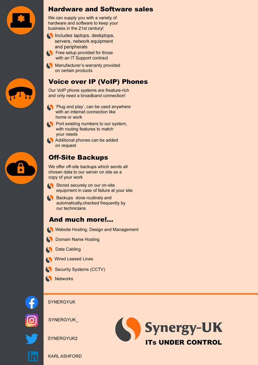 We're back in the office and happy to answer any questions and enquiries.

If any of our services catch your eye, please don't wait around to contact us!
📲 0114 221 6569
📩business@synergy-uk.com
👩‍💻 synergy-uk.com

#itsupport #sheffield #services