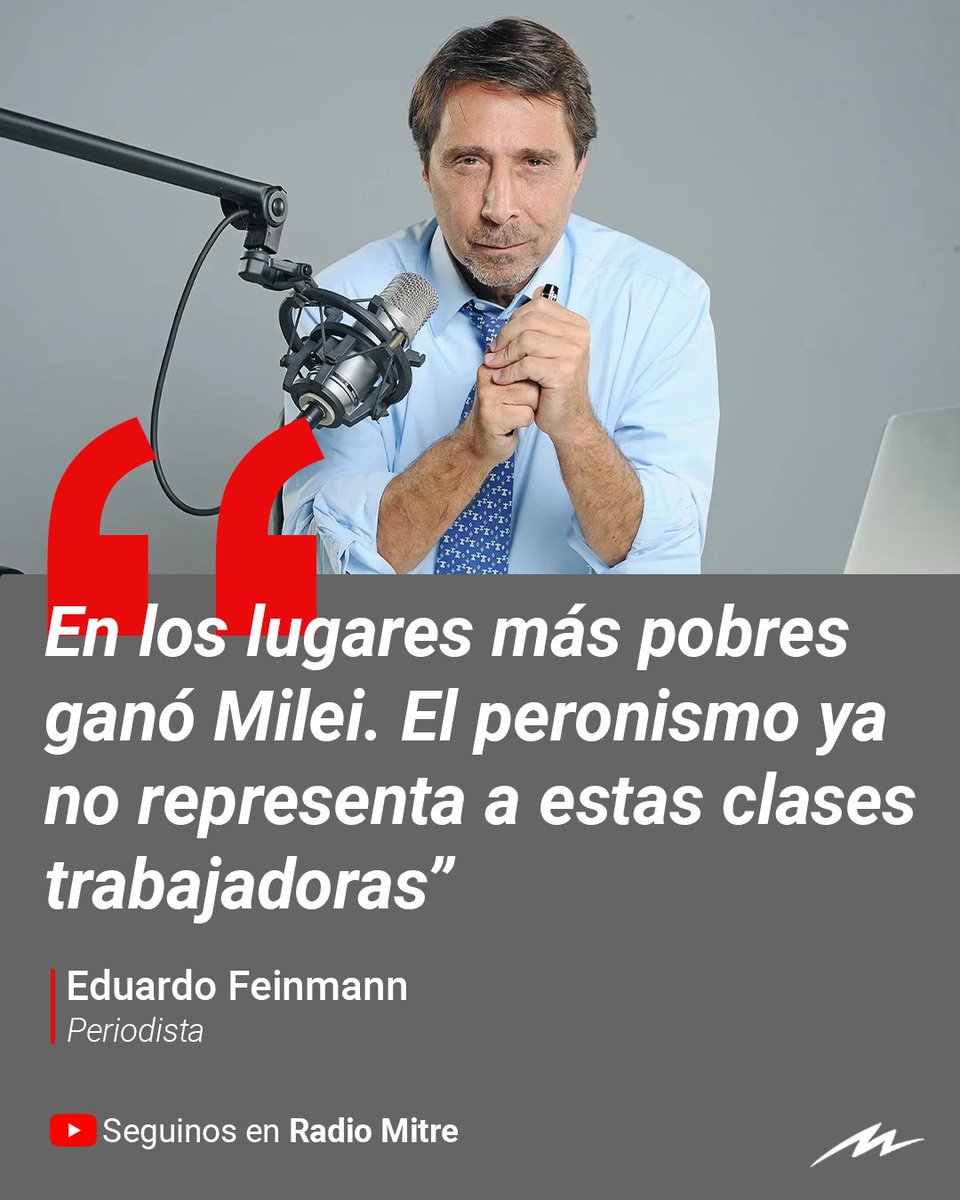 radiomitre's tweet photo. 📢 @edufeiok en Radio Mitre: "En los lugares más pobres ganó Milei. El peronismo ya no representa a estas clases trabajadoras”. https://t.co/Xe1R7qZdQC