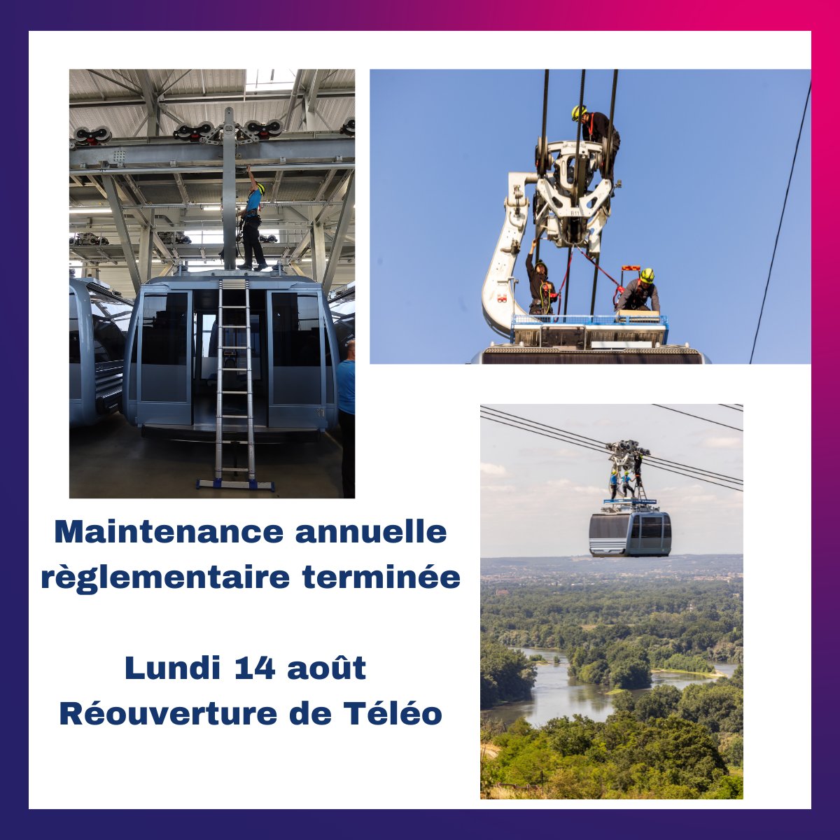 ▶️/ Infos voyageurs
Lundi 14 août : réouverture de Téléo, le téléphérique toulousain 🚡

🙏 Merci à l'ensemble des agents de contribuer au maintien de la qualité de service et de la tranquillité de nos voyageurs.

Bon voyage sur votre réseau ! 🎉