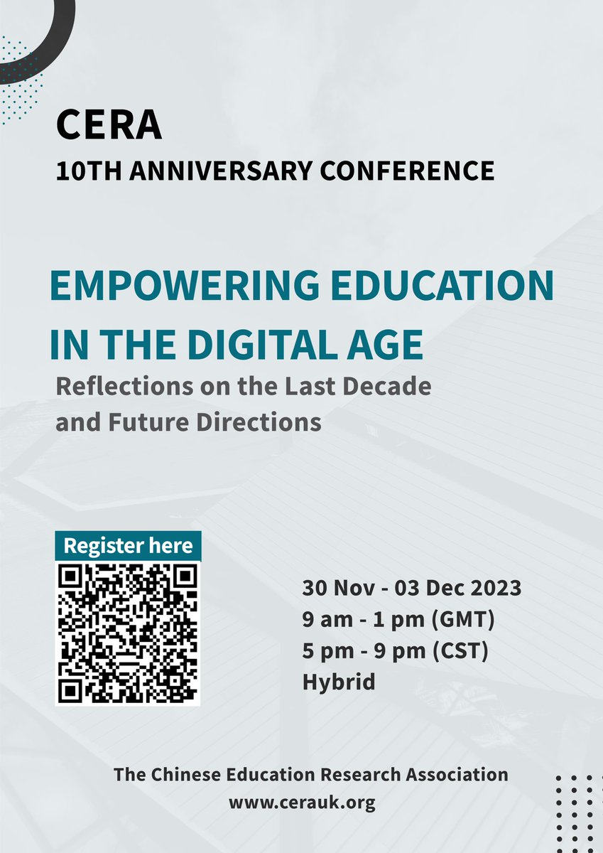[Call For Abstracts]

 We are delighted to announce that #CERAUK 10th Anniversary Conference (30 Nov - 3 Dec, Hybrid) is open for abstract submissions! 

Deadline: 9 Oct 2023
cerauk.org/abstract-submi…

<a href="/IOE_London/">IOE, UCL's Faculty of Education & Society</a> <a href="/CamEdFac/">Faculty of Education, University of Cambridge</a> <a href="/DUSofE/">School of Education at Durham University</a> <a href="/HkuScape/">HKU SCAPE</a> <a href="/LuGraduate/">Lingnan University Graduate School</a> <a href="/hku_education/">Faculty of Education, HKU</a>