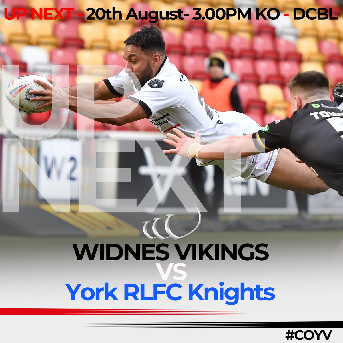 WidnesRL's tweet photo. It's Gameweek again! 🫡

🆚 
@YorkRLFC

📅 Sunday 20th August 
🏟️ DCBL Stadium
⏰ 3:00pm kick-off
🎟️ https://t.co/f088xeB45M
#Widnes #Vikings https://t.co/RDvZnhu22T