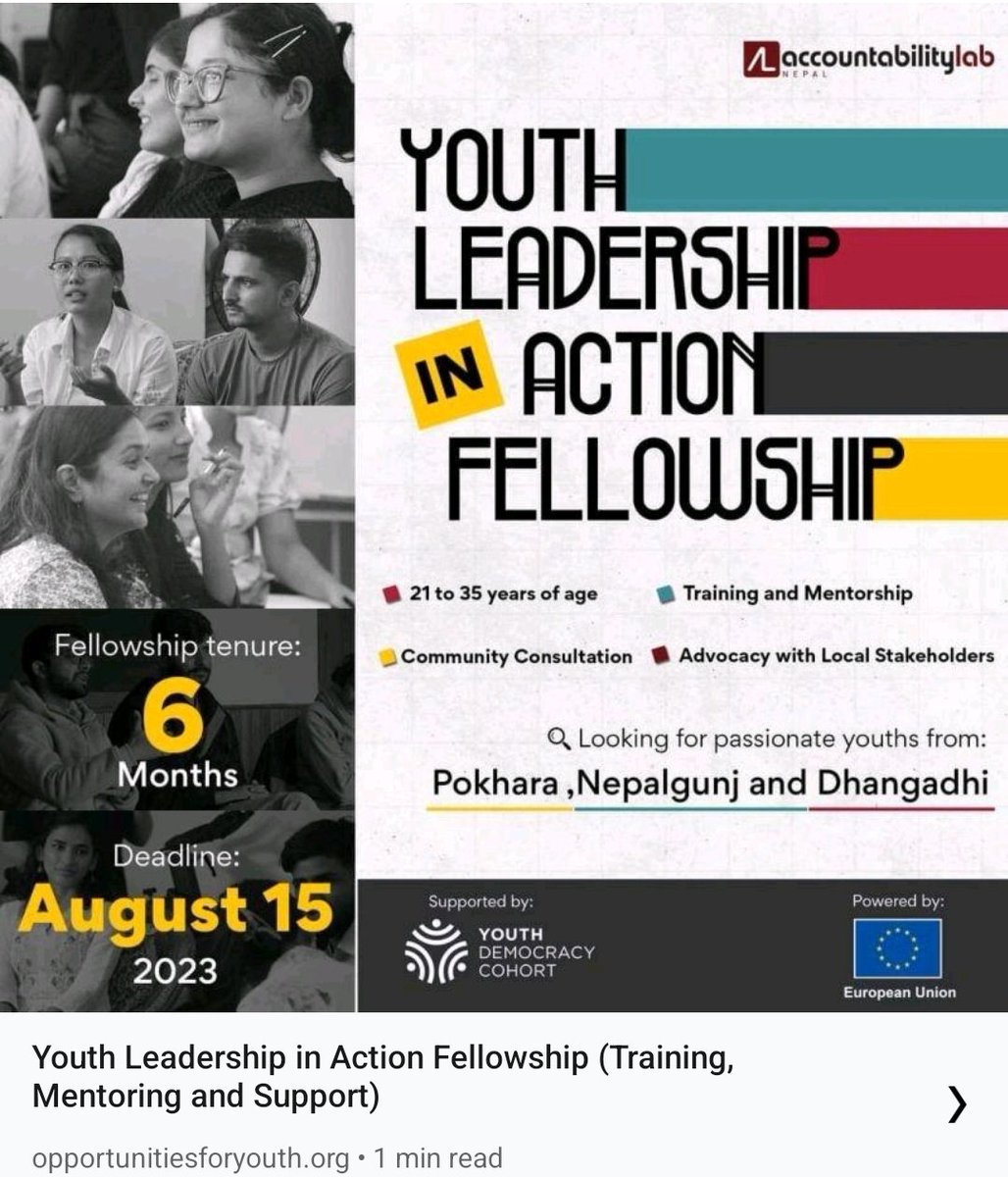 opportunitiesfy's tweet image. ⏰ Deadline nears! 🌟🇳🇵 Calling young changemakers in Pokhara, Nepalgunj & Dhangadhi! Join 6-month Youth Leadership in Action Fellowship. Shape your community as future democracy champions. Apply: rb.gy/06s8s
#YouthLeadership #FellowshipProgram #Nepal #Democracy