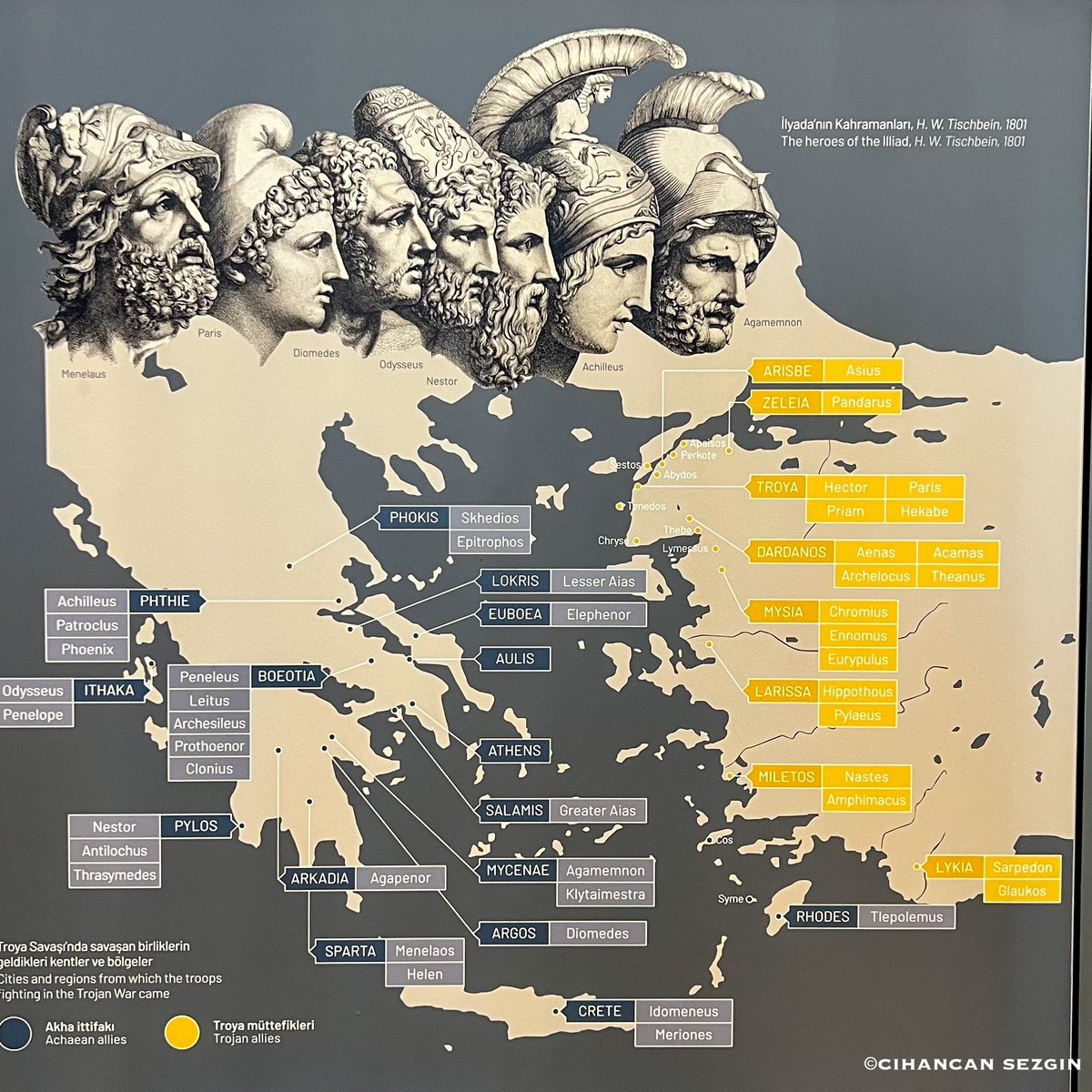 Map showing the parts and main characters of the Trajan War.