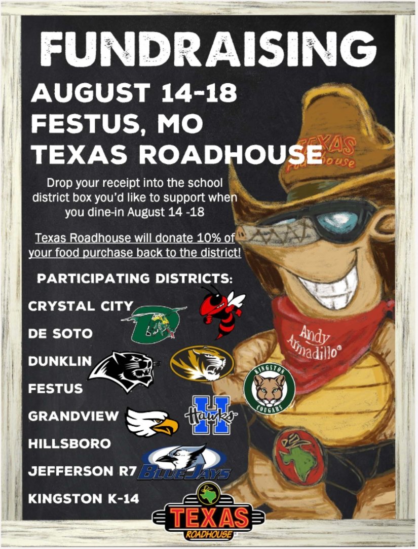 MrsKatieKaletta's tweet photo. Visit the Festus @texasroadhouse this week and drop your receipt in the Dunklin R-5 box! 🐾 #GoBlackcats @DrClintFreeman @JoeFWillis @BlackcatMatt @dix_stephanie @tracylewis22 @DunklinTaylor @Mr_Dixon11 @MichelleLiles @BlackcatMatt @SennThomasMS @HHSBlackcats https://t.co/ZvIFHSziSR