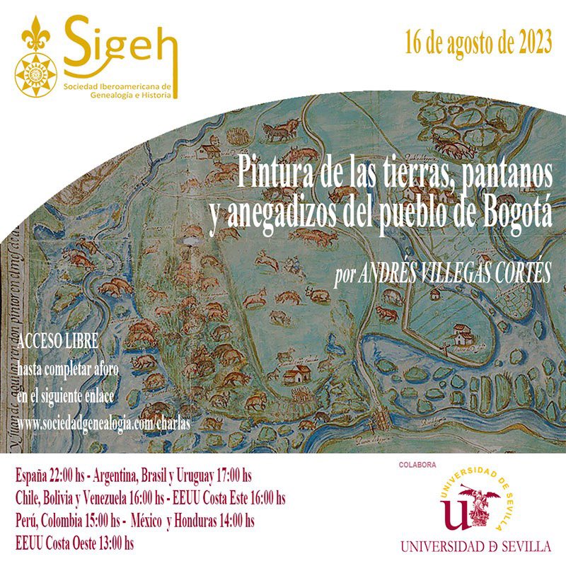 Este miércoles, 16/08/2023, nuestro vocal <a href="/AVillegasCortes/">Andres Villegas C</a> nos transportará al entono de Santa Fe de #Bogotá, sus pantanos y anegadizos a través de una curiosa obra pictórica. ¡#Charla imprescindible! 🇨🇴

Os esperamos a las 22:00h (España peninsular) en:
sociedadgenealogia.com/charlas