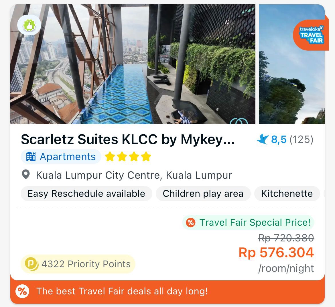 Buat yg suka travel, aku ada rekomendasi apartment nyaman, bersih &amp; murah di Malaysia 😋

📍Scarletz Suites KLCC

500rban/malam udh dapet fasilitas lengkap + kolam renang di rooftop. Fix cakep view-nya😍

PAS BGT di Traveloka lg diskon s.d 50% + 30% cek: 
trv.lk/TTFaccom-KOL-tw