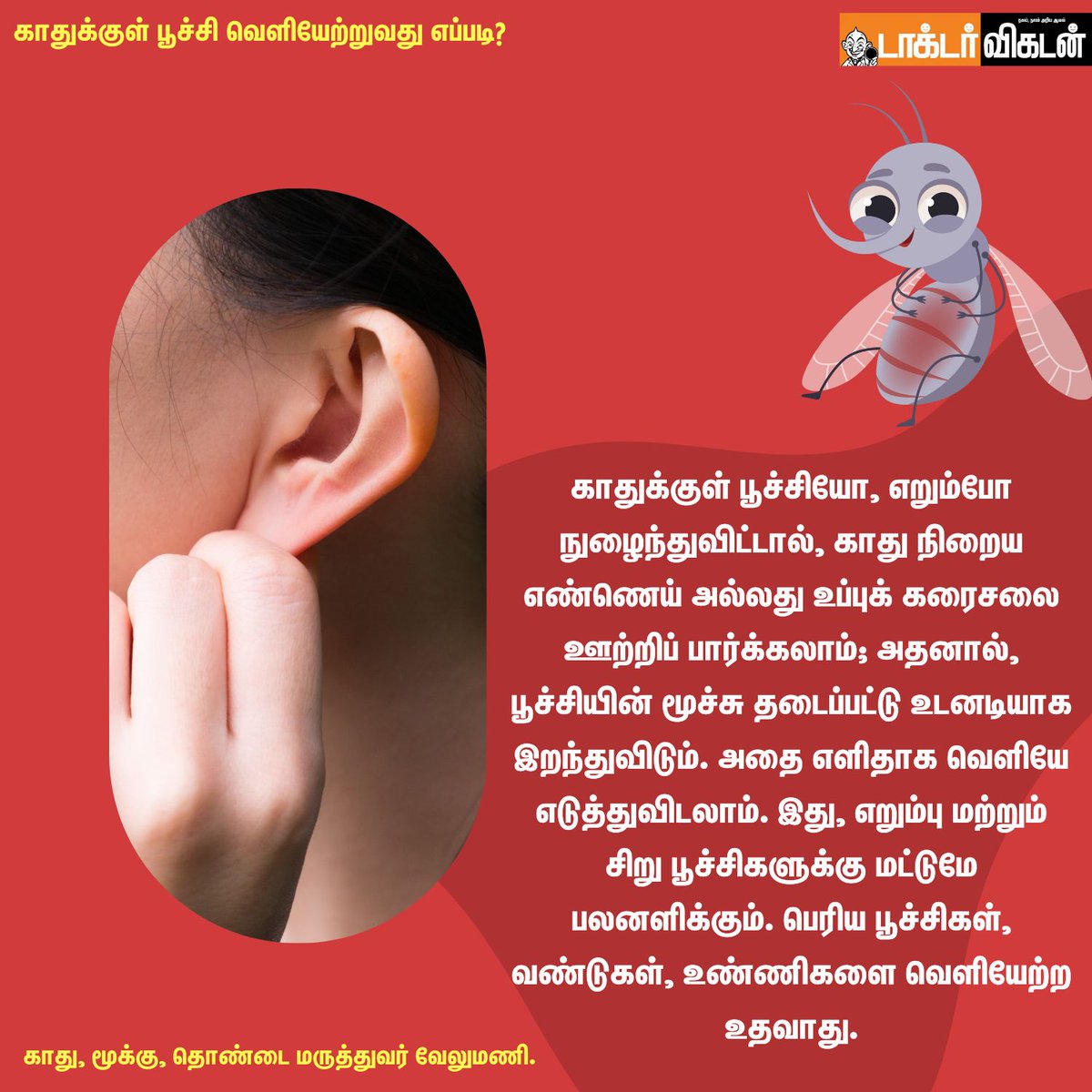 DoctorVikatan's tweet photo. காதுக்குள் பூச்சி வெளியேற்றுவது எப்படி?
#ear #earwithant #ant #insects #doctors #doctorvikatan #eardoctor #problems #health #healthcare https://t.co/Iibjp4GpEk