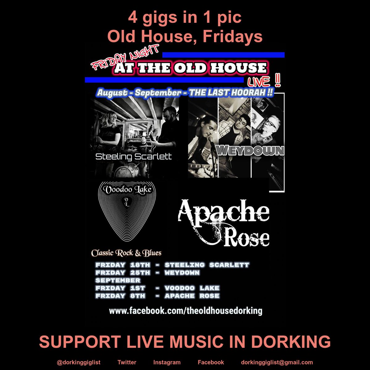 4 gigs in 1 pic - the next few Friday nights at The Old House #dorkinggiglist