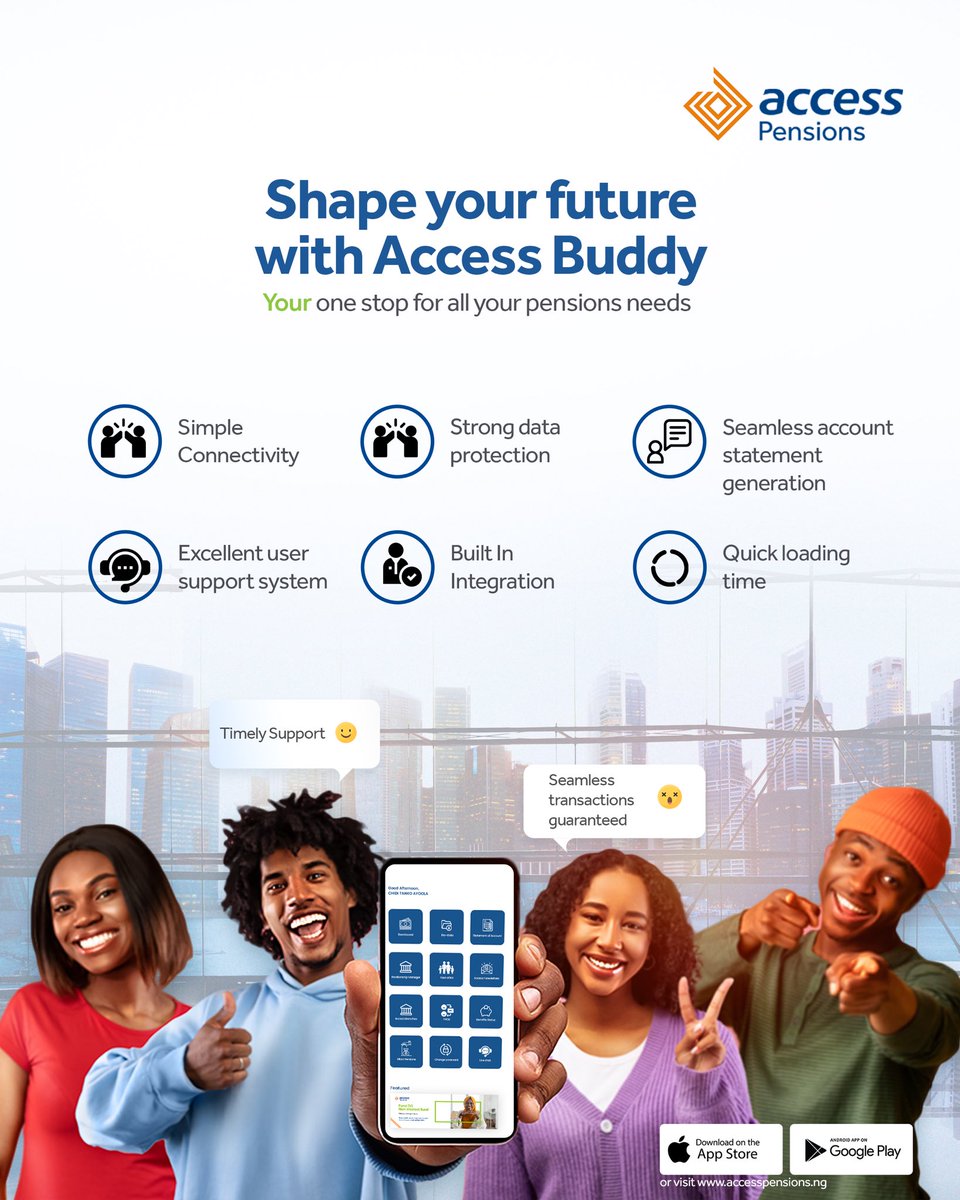 accesspensions's tweet photo. The Access Buddy is your one stop for all your Pensions needs
Download the Access Buddy App, available on IOS and GOGGLE PLAY STORE
#accessbuddy #accesspensions #futureshaping https://t.co/4IWva83uoQ