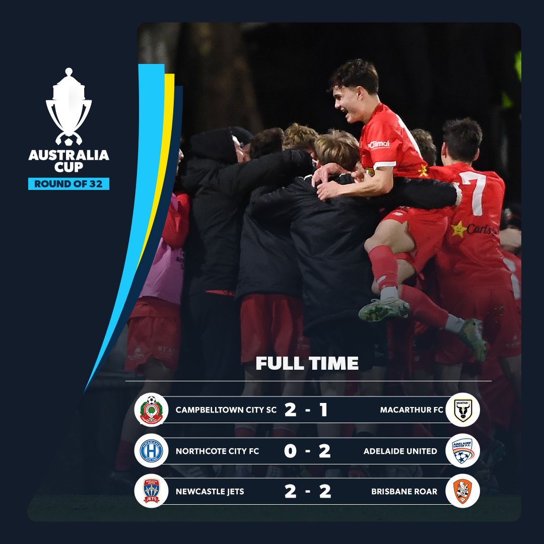 AustraliaCup's tweet image. Game. Cupset. Match.

@campbelltowncsc have eliminated the #AustraliaCup holders! 😱

@AdelaideUnited advance while we're headed to extra time between @NewcastleJetsFC and @brisbaneroar. 🥵

#MagicOfTheCup #NEWvBRI #CAMvMAC #NCYvADL