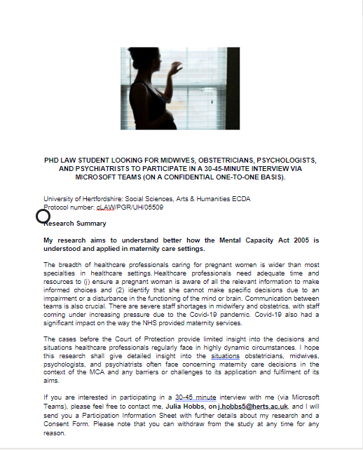 I am looking for midwives, obstetricians, psychologists and psychiatrists to participate in online interviews as part of my PhD research on the MCA 2005 in maternity settings. Details below.  #maternity #mentalcapacity #research #obstetrics #midwives #midwifery #BPSOfficial