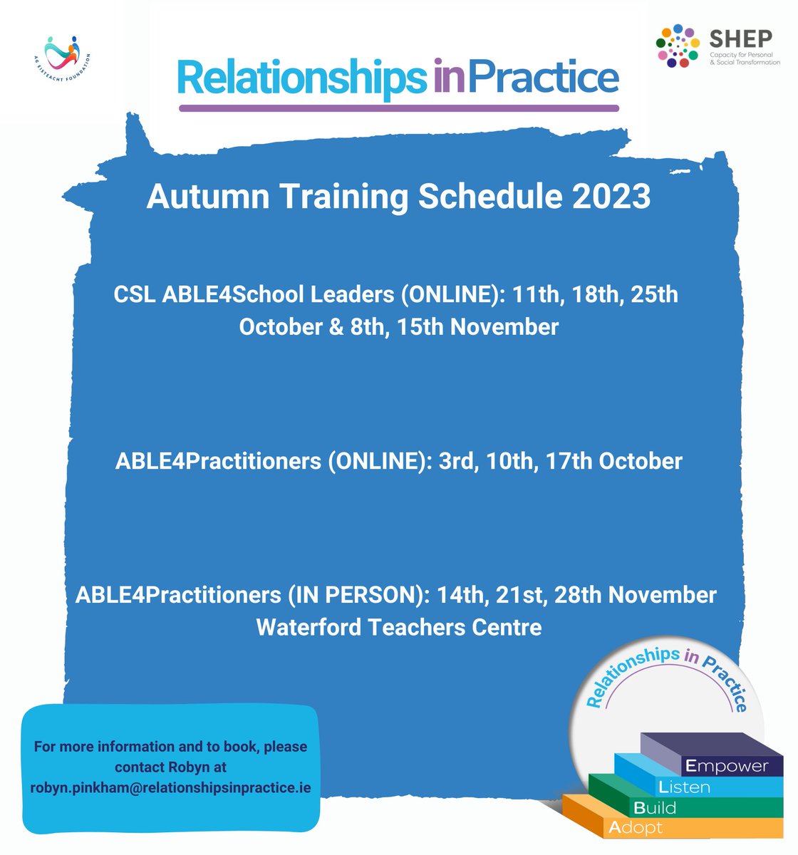 We are delighted to offer our #ABLE4School_Leaders and #ABLE4Practitioners training this autumn. Enhance your #communication and #relational skills with your students, patients and colleagues, and the learn importance of building #quality_relationships #RelationshipsMatter
