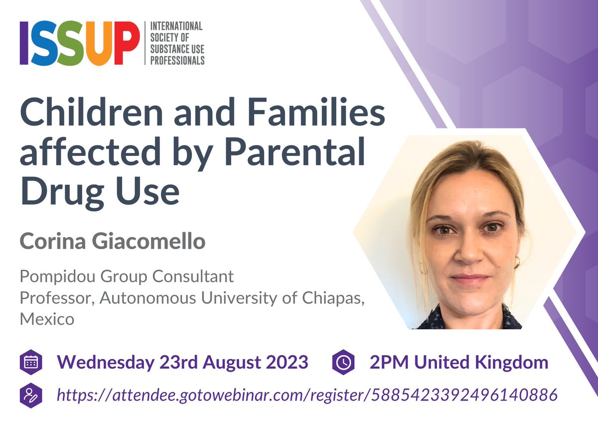 issupnet's tweet photo. Join us for a webinar on "Children and Families Affected by Parental Drug Use", presented by Professor Corina Giacomello, consultant to the Pompidou Group. 

⏰  23 August 2023 at 2pm UK time
🎫 Register: https://t.co/wF4iwrNeBz https://t.co/62syq6J6aq