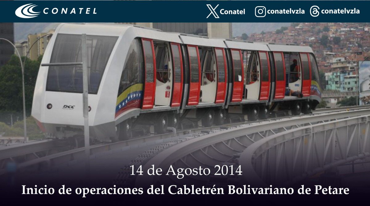 Conatel's tweet photo. #Efeméride #14Ago 

Se cumplen 10 años del inicio de las actividades del Cabletren Bolivariano, que ha acortado distancias entre el pueblo y facilitado el transporte a más de 115 mil personas que habitan en el norte de Petare.

#ElTipoEsMaduro https://t.co/GypWwA1k6L