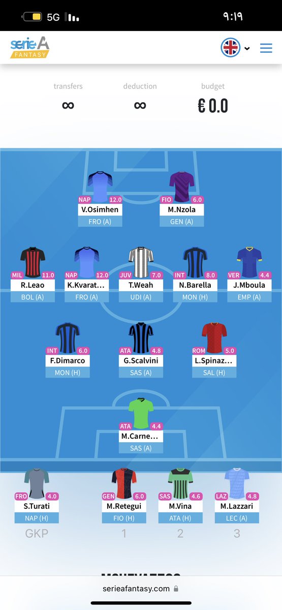 mohammedsheva77's tweet photo. Trying out Serie A fantasy for the first time.If anyone wants to join my private league for fun this is the code Acmilan fans: i5g06q1n 
Serie A fantasy link:https://t.co/myqYfKwRmd
First draft for gw1
#SerieA #SeriaAfantasy https://t.co/fpcAjgCczE