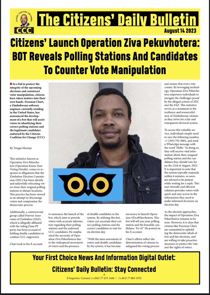 🟡Operation Ziva Pekuvhotera is a bot system that helps you find your polling station and the CCC candidate to vote for on 23 August. We commend citizens like <a href="/freemanchari/">Freeman</a> and other volunteers in the diaspora who are contributing to the victory of the people. Check your voting