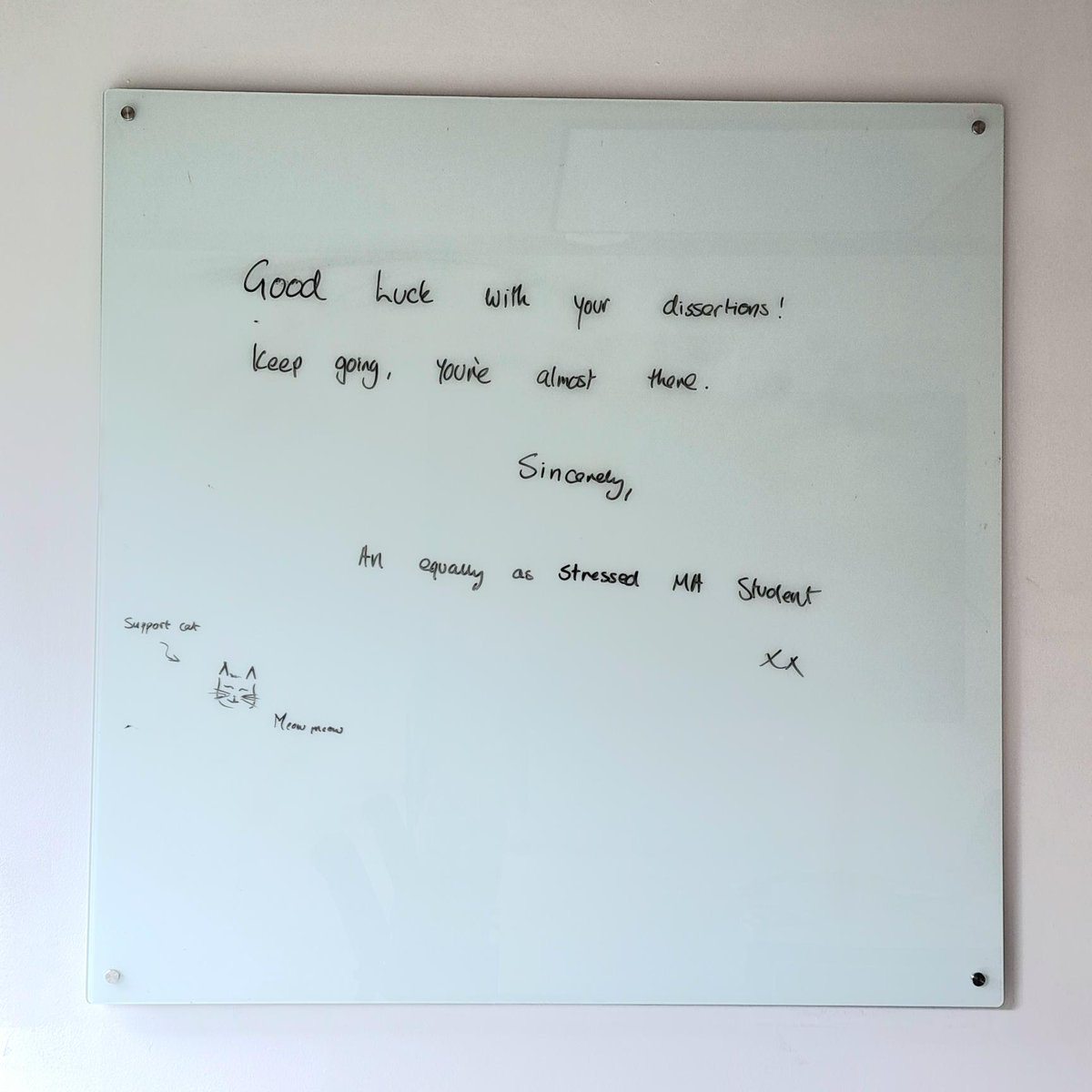 RHUL_Library's tweet photo. Spotted this lovely message on one of our whiteboards today. We love to see students (and cats) supporting each other!

Studying over the summer can feel really hard sometimes -  remember you are not alone and the Library is also here to help. https://t.co/2CVZkv1dOl