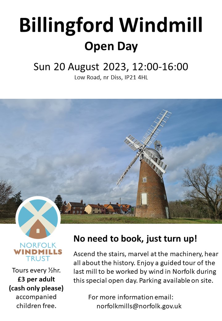 Billingford Windmill Open Day - this Sunday - 20 Aug, 12:00-16:00.