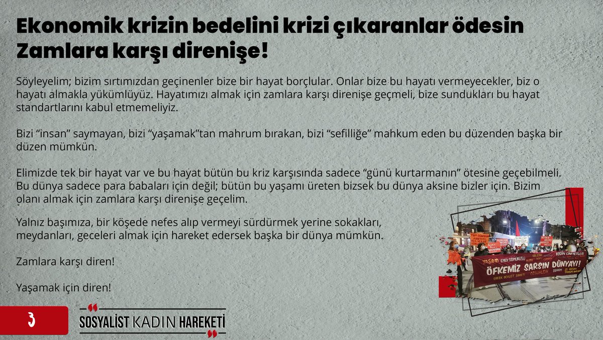 🔴Ekonomik krizin bedelini krizi çıkaranlar ödesin zamlara karşı direnişe! 'Bu dünya sadece para babaları için değil; bütün bir yaşamı üreten bizler isek bu dünya aksine bizler için. Bizim olanı almak için zamlara karşı direnişe geçelim.'