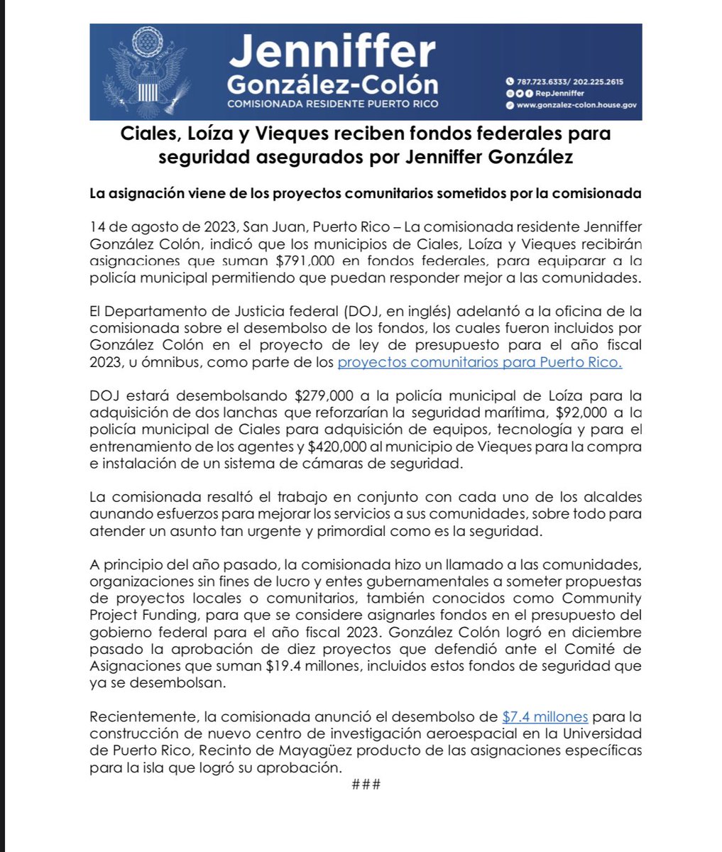 Jenniffer's tweet photo. #FondosFederalesenAcción

Trabajamos junto a los alcaldes de Ciales, Loíza y Vieques sus propuestas para equiparar a la Policía Municipal y mejorar la seguridad de sus municipios.

Justicia federal nos comunicó que ya encaminan los fondos para:

$279,000- Loíza-adquisición de dos lanchas que reforzarían la seguridad marítima

$92,000-Ciales- adquisición de equipos, tecnología y entrenamiento de agentes

$420,000- Vieques-compra e instalación de sistema de cámaras de seguridad.