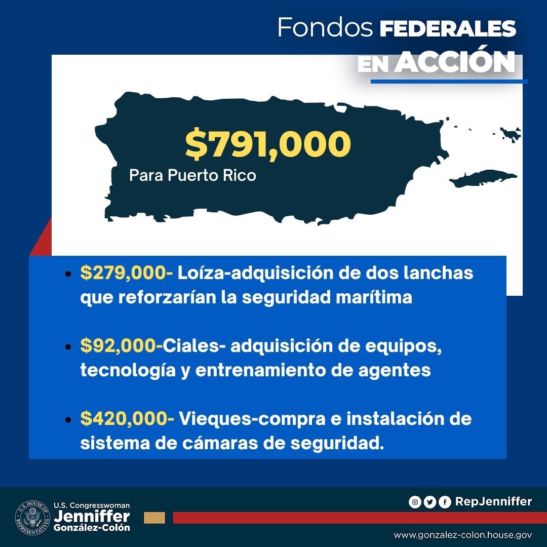 Jenniffer's tweet photo. #FondosFederalesenAcción

Trabajamos junto a los alcaldes de Ciales, Loíza y Vieques sus propuestas para equiparar a la Policía Municipal y mejorar la seguridad de sus municipios.

Justicia federal nos comunicó que ya encaminan los fondos para:

$279,000- Loíza-adquisición de dos lanchas que reforzarían la seguridad marítima

$92,000-Ciales- adquisición de equipos, tecnología y entrenamiento de agentes

$420,000- Vieques-compra e instalación de sistema de cámaras de seguridad.