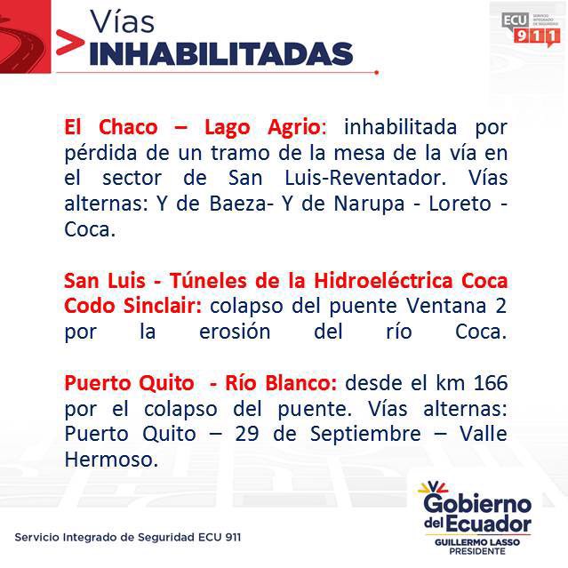 ECU911Quito's tweet photo. #VíasECU911 | A esta hora compartimos el estado vial en Pichincha, Napo y Orellana, de acuerdo con información proporcionada por @PoliciaEcuador y @Riesgos_Ec 

▶️ Consulte cómo se encuentran las vías de todo el país aquí https://t.co/HTdDUGggS9 https://t.co/3g8RymuVhC